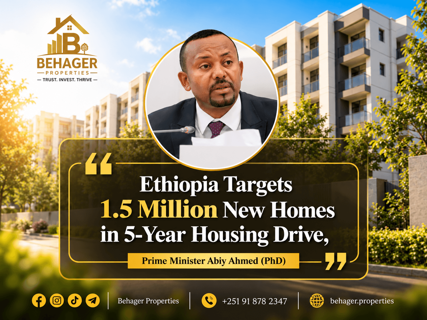 Ethiopia Targets 1.5 Million New Homes in Five-Year Housing Drive: PM