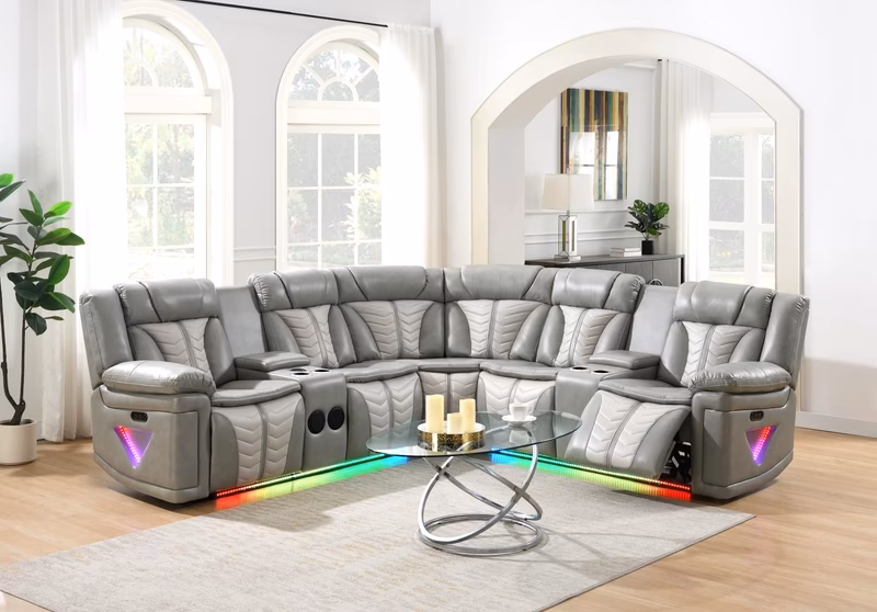 Gray/Beige Power 3 PC Sectional W/bluetooth Speaker, and Wireless Charger, Multi Color LED