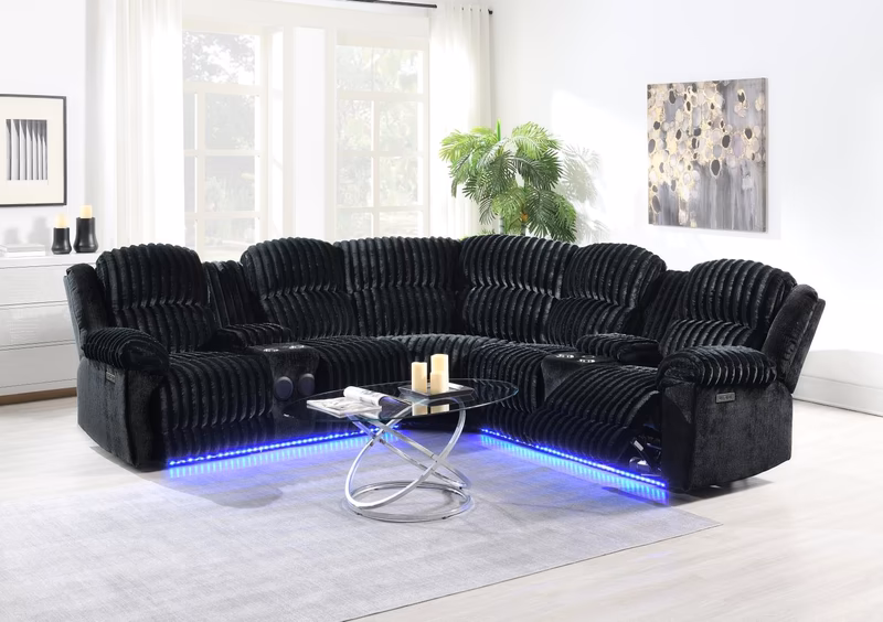 Black Corduroy Power 3 PC Sectional W/bluetooth Speaker, and Wireless Charger